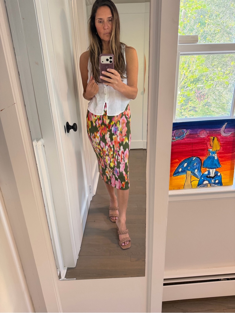 La Ligne Floral Midi Skirt - Olive, Pink & Orange